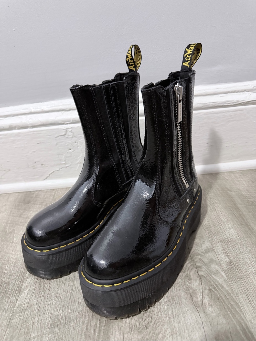 Dr. Martens Black Patent Platform Chelsea Boots with Yellow Stitching